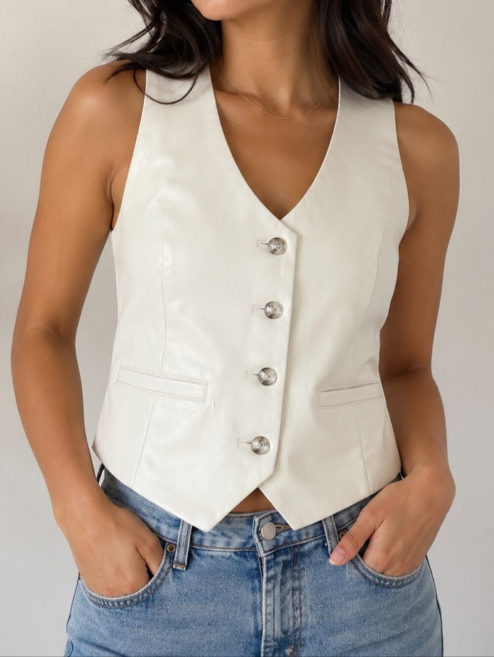 7 For All Mankind Cream Faux Leather Button Front Vest Size M Minimalist